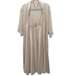 Dentelle Vintage Satin Traditional Nightgown and Robe Set Pink Floral Lace M/L